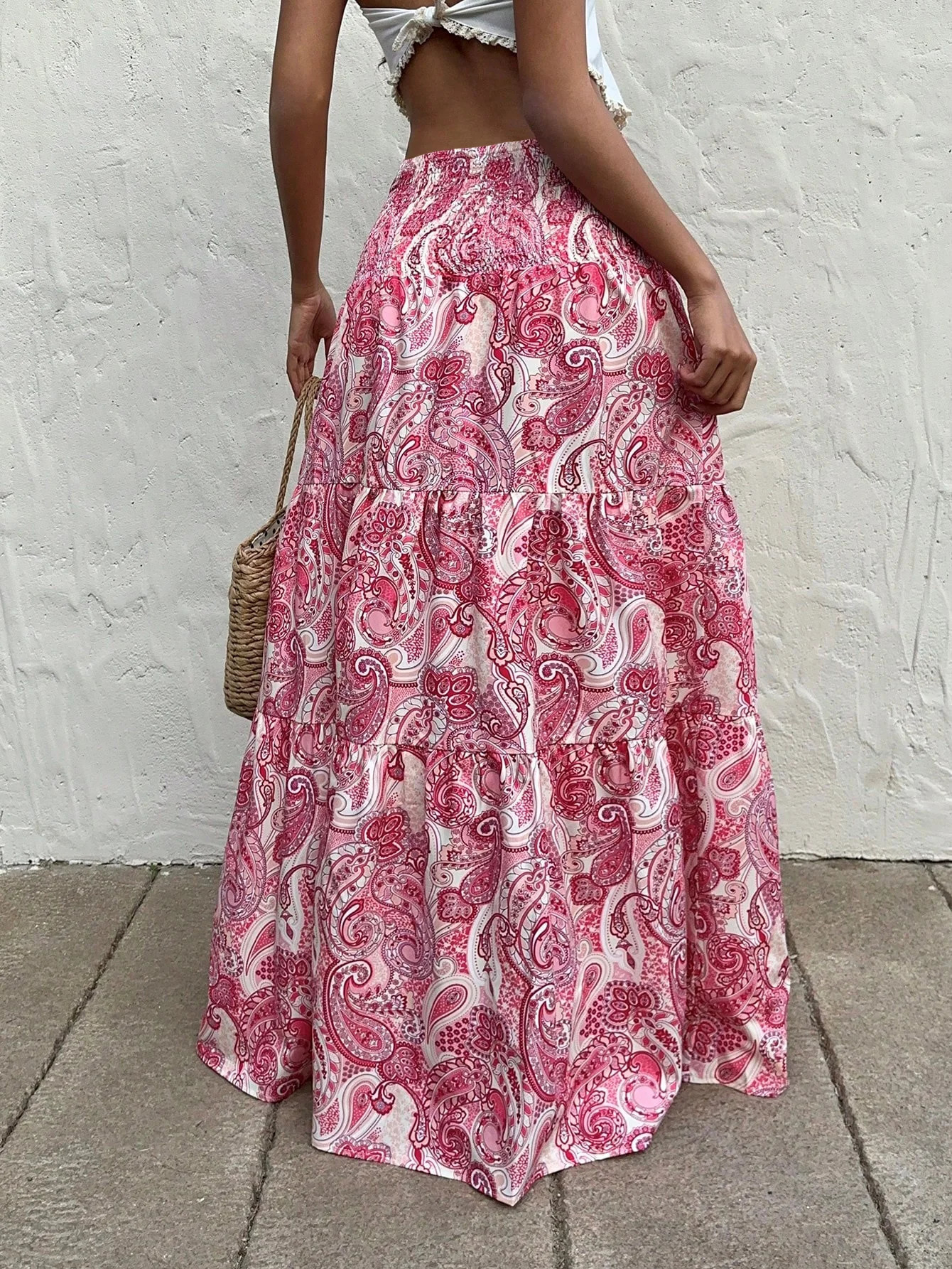 Vacation Style Stretchy Waist Long Maxi Skirt Flowy Beach Skirt with Elastic Waistband 251028