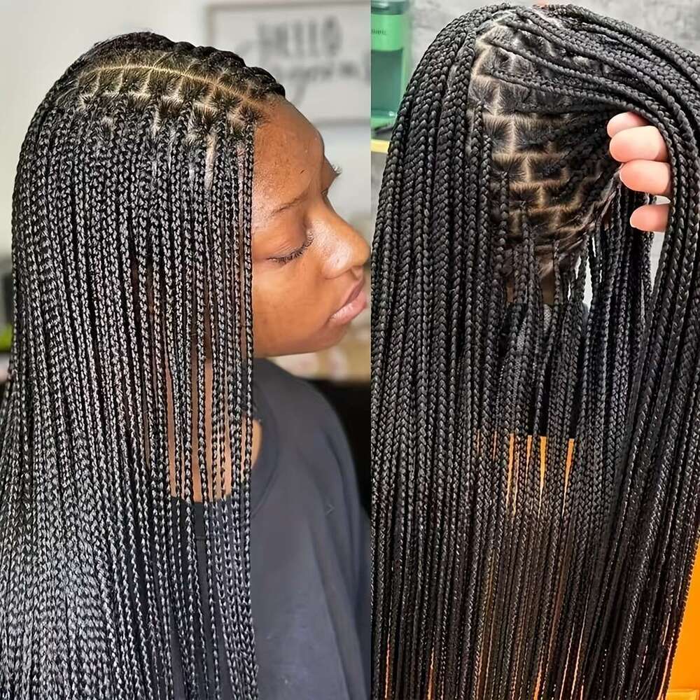 34 Inch Black Synthetic Full Braided - Knotless Box Braids With Double Lace Front, Hair & Cornrows-Like Texture | 100% Density Dreadlock-Style Wig For