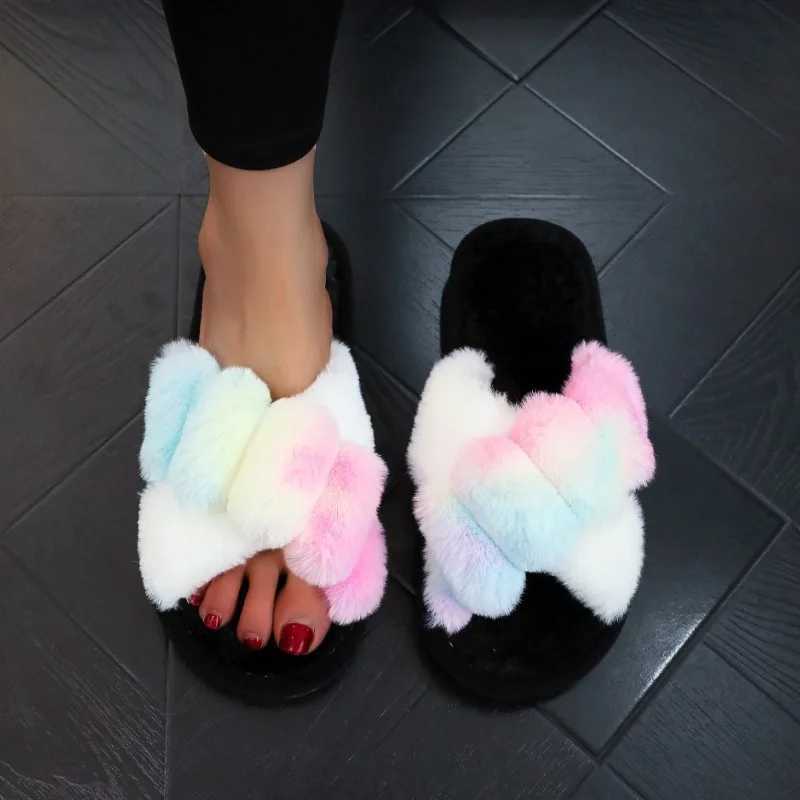 Winter Rainbow Slipper Ladies Women Colorful Plush Warm Flooring Non Slip Home House Shoes Flats Fluffy Family Footwear H251030