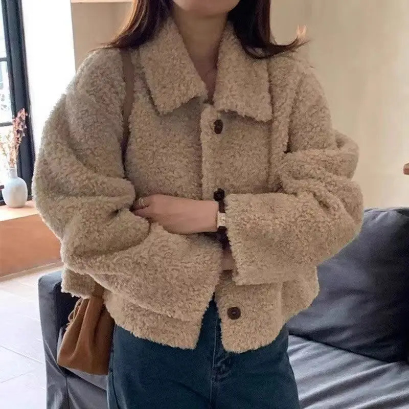 Women Autumn Winter Double Fleece Warm Thicken Jacket Turndown SingleBreasted Short Outerwear Loose Fashion Casual Overcoat 251028