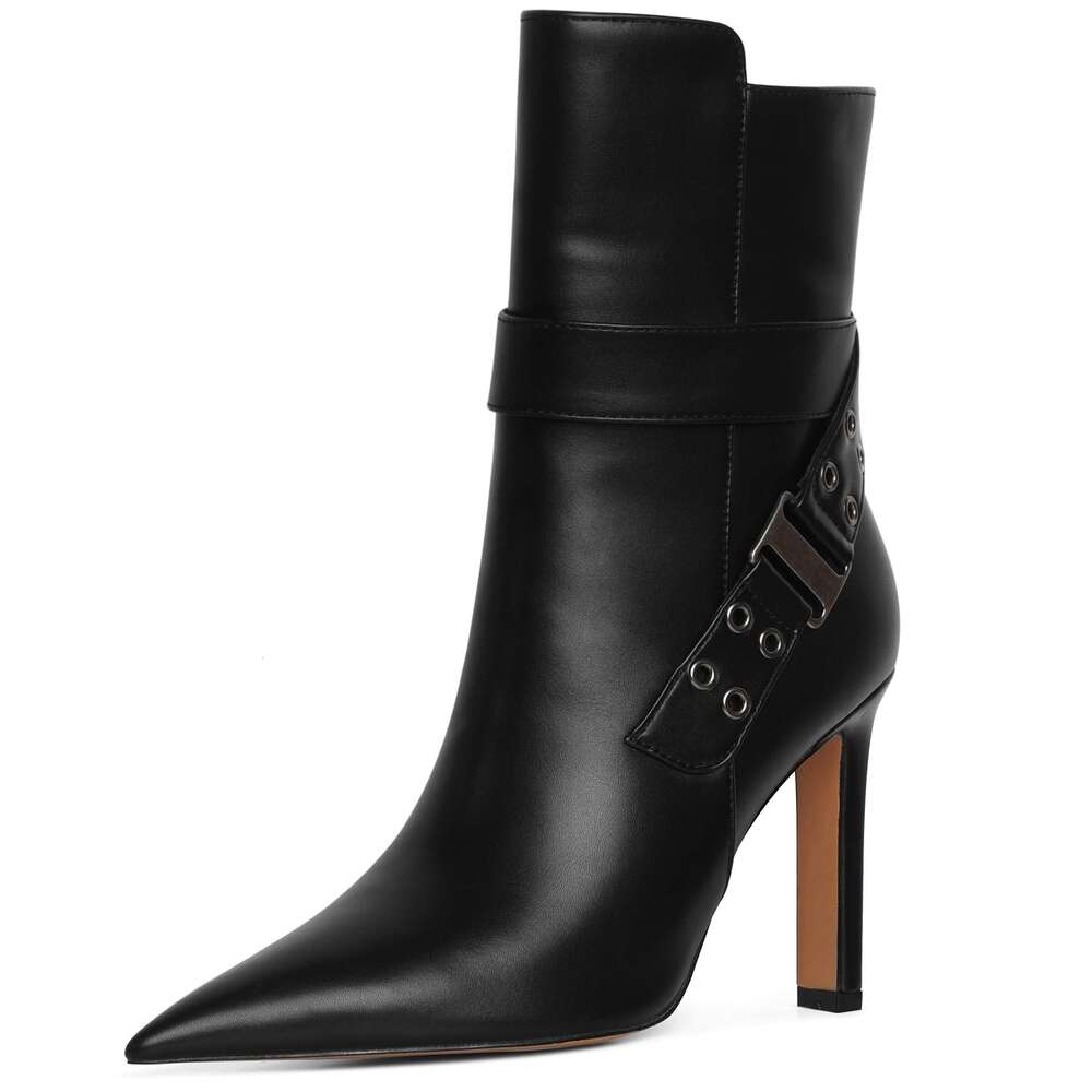 Ankle Boots For Women Pointed Toe High Heel Block Mid Calf Side Zipper Short Booties With Buckle Strap