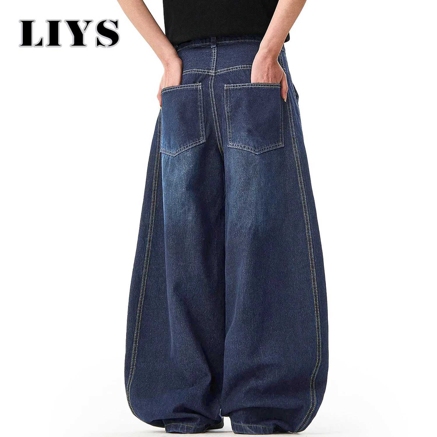 Mens American Retro Blue Loose Machete Wide Leg Jeans Unisex Baggy Straight Leg Sickle Denim Pants Deconstructed Balloon Pants J2510301