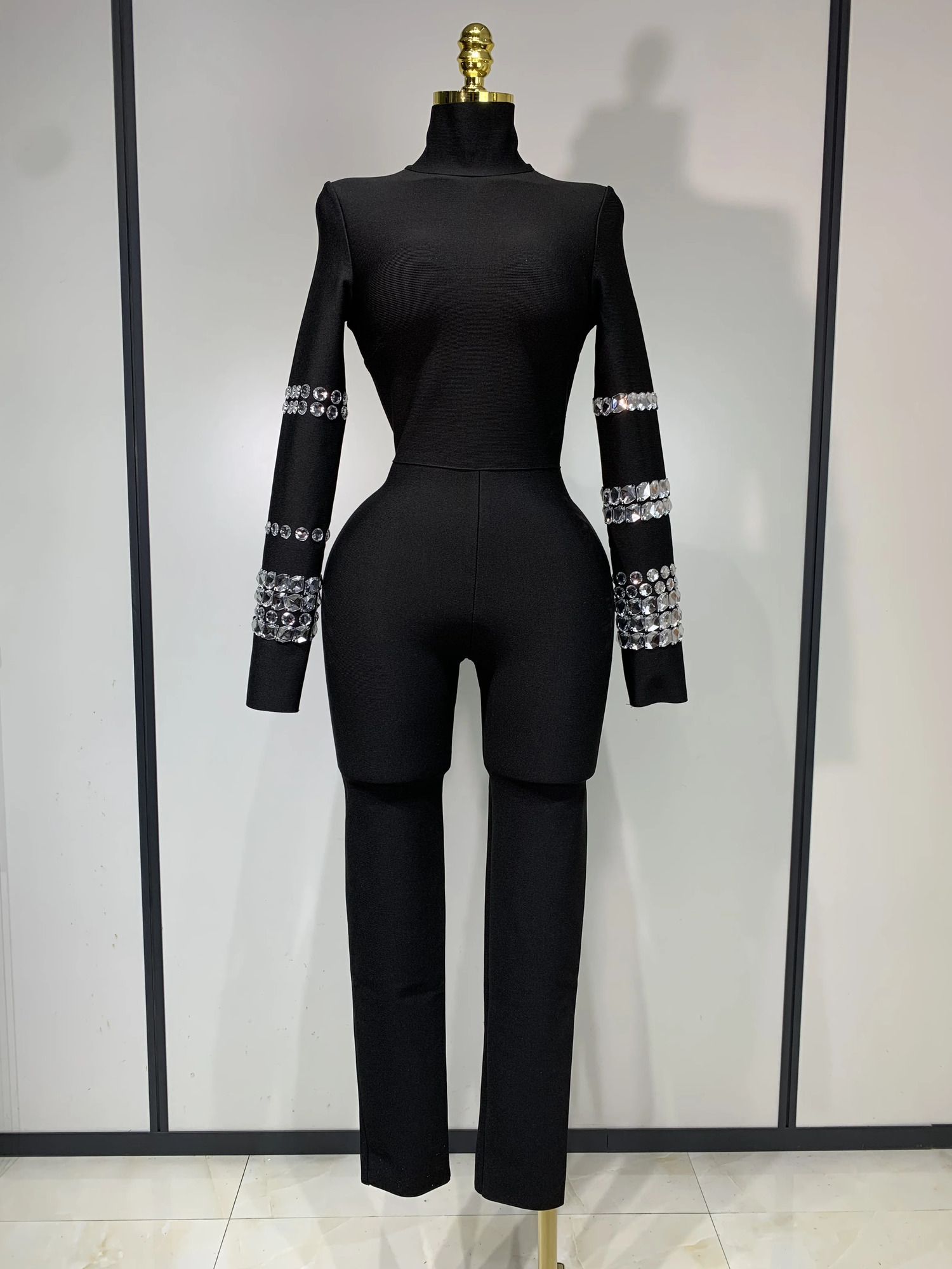 Sparkly Diamonds Long Sleeve Black Bodycom Bandage Jumpsuit Fashion Woman Party Outfit Nightclub Performance Costume 251027