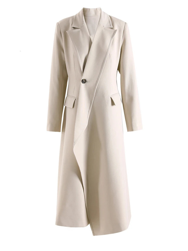 TWOTWINSTYLE Solid Spliced Pockets Irregular Trench For Women Lapel Long Sleeve Tunic Patchwork Button Temperament Coats Female 251029