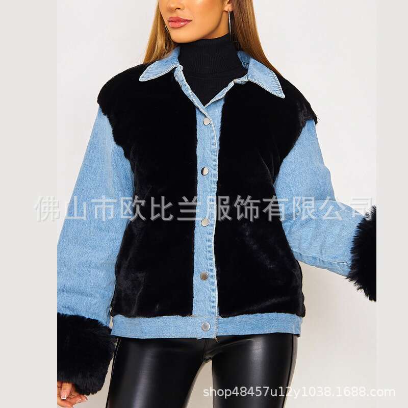 Women's European American Cross-Border Casual Plush Denim Splicing Warm Autumn And Winter Jacket Su2289