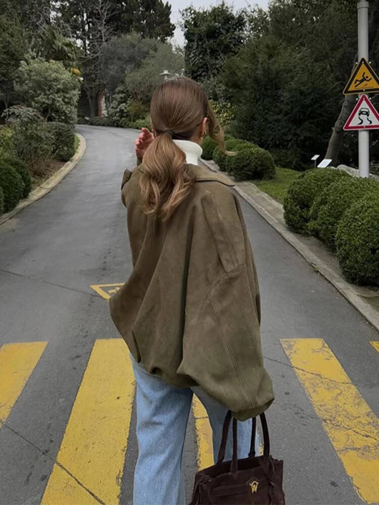 winter jacket women Vintage Oversized Suede Leather Jacket Women's Fashion Shoulder Pad Full Sleeve One Button Coat Lady Chic Bomber Streetwear 2