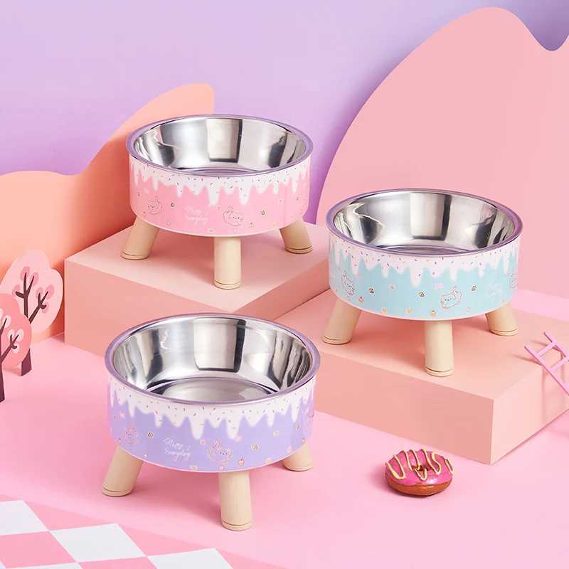 An ice cream pet bowl Colorful feeding and water cat bowl Fashion cartoon design dog bowl Pet highlegged neck bowl J251113