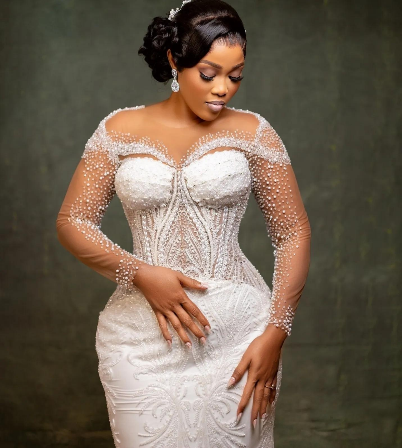 Ivory Wedding Dress Plus Size Beaded Sequined Lace Full Sleeves Tulle Detachable Train Bridal Gowns Dresses