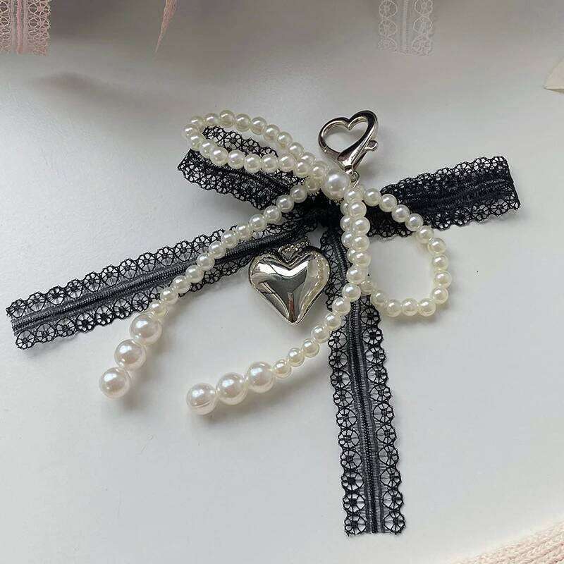 2025 New Sweet Pearl Bow Heart Lace Car Keychain Korean Y2k Beauty Girl Bag Pendant Accessory Gift Best Seller