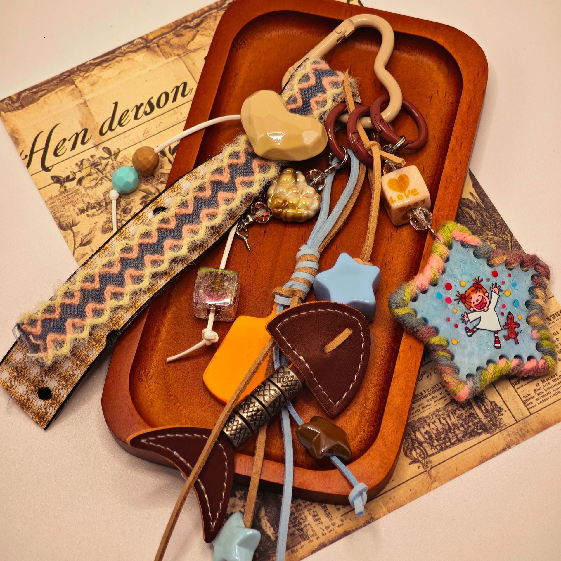 Leather Fishbone Pendant Wooden Tag Star Braided Rope Heart Bag Charm Small Tote Hangable Cute Baby
