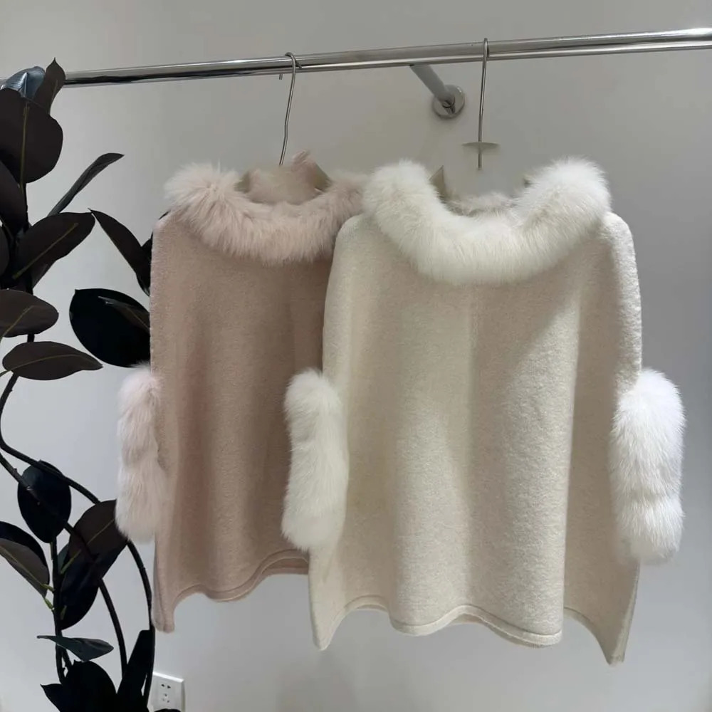 Autumn Women Knitted Poncho With Real Fox Fur Collar Cuff Fashion Casual Genuine Wool Warm Pullover shawl 251029