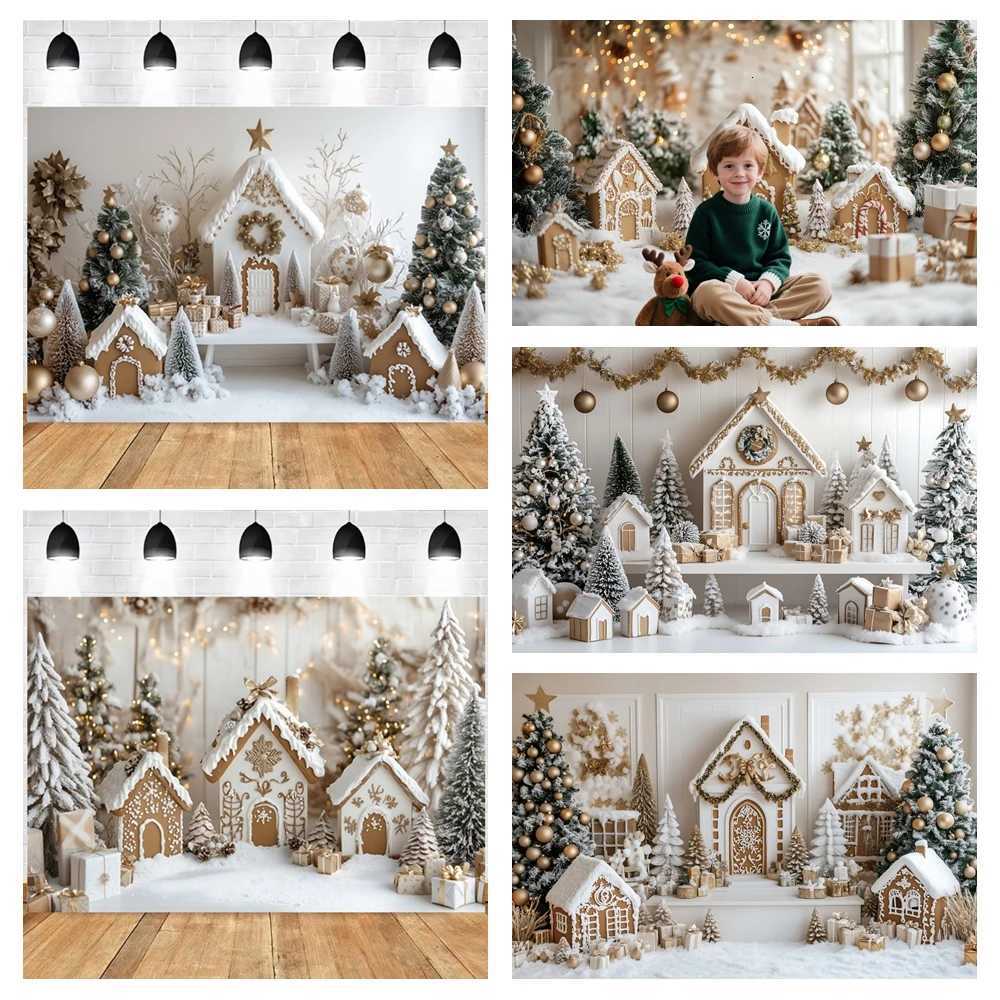 2025 Merry Christmas Photography Backdrop White Gingerbread House Xmas Trees Kids Family New Party Decor Photo Background Props C251030