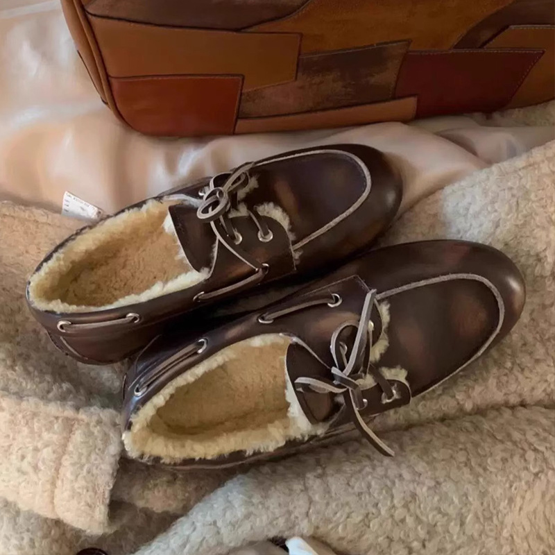 Cowhide version ~ retro British style distressed color warm fleece loafers genuine leather round toe lace-up small leather shoe girl2025