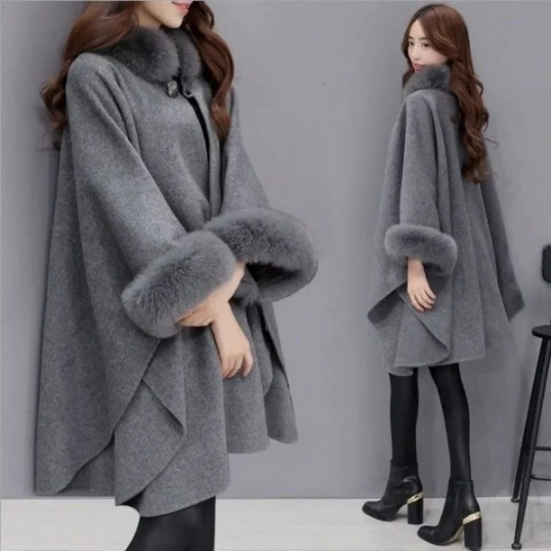 Hebe Style Thickened Woolen Coat for Women Autumn Winter MidLength Ladies with Rabbit Fur Collar Womens Clothing 251028