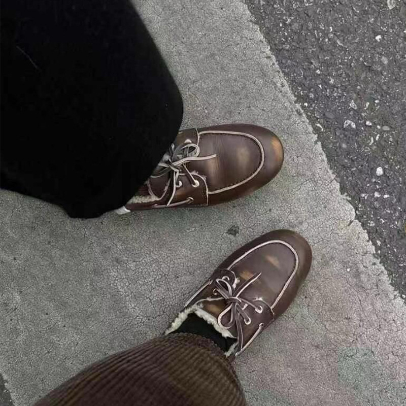 Cowhide version ~ retro British style distressed color warm fleece loafers genuine leather round toe lace-up small leather shoe girl2025