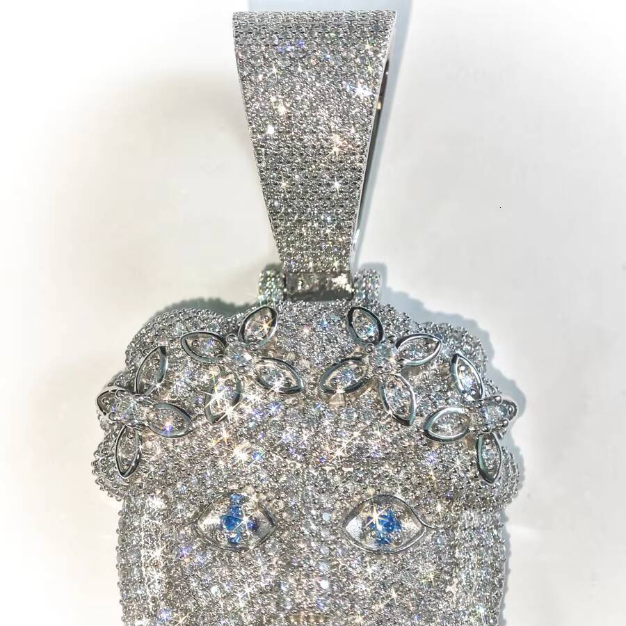 33inches Custom Hip Hop GRA VVS Blue Moissanite 925 Silver Pass Diamond Tester Four Leaf Clover Flower Jesus Head Pendant Gift