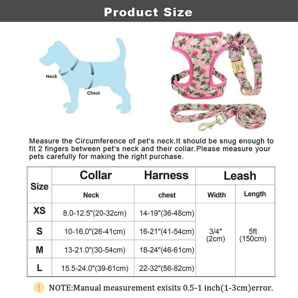 Personalized Dog Collar Leash Harness Set Nylon Small Large Dogs ID Collars Pet Vest Harness Lead Belt Rope Flower Accessories J251129
