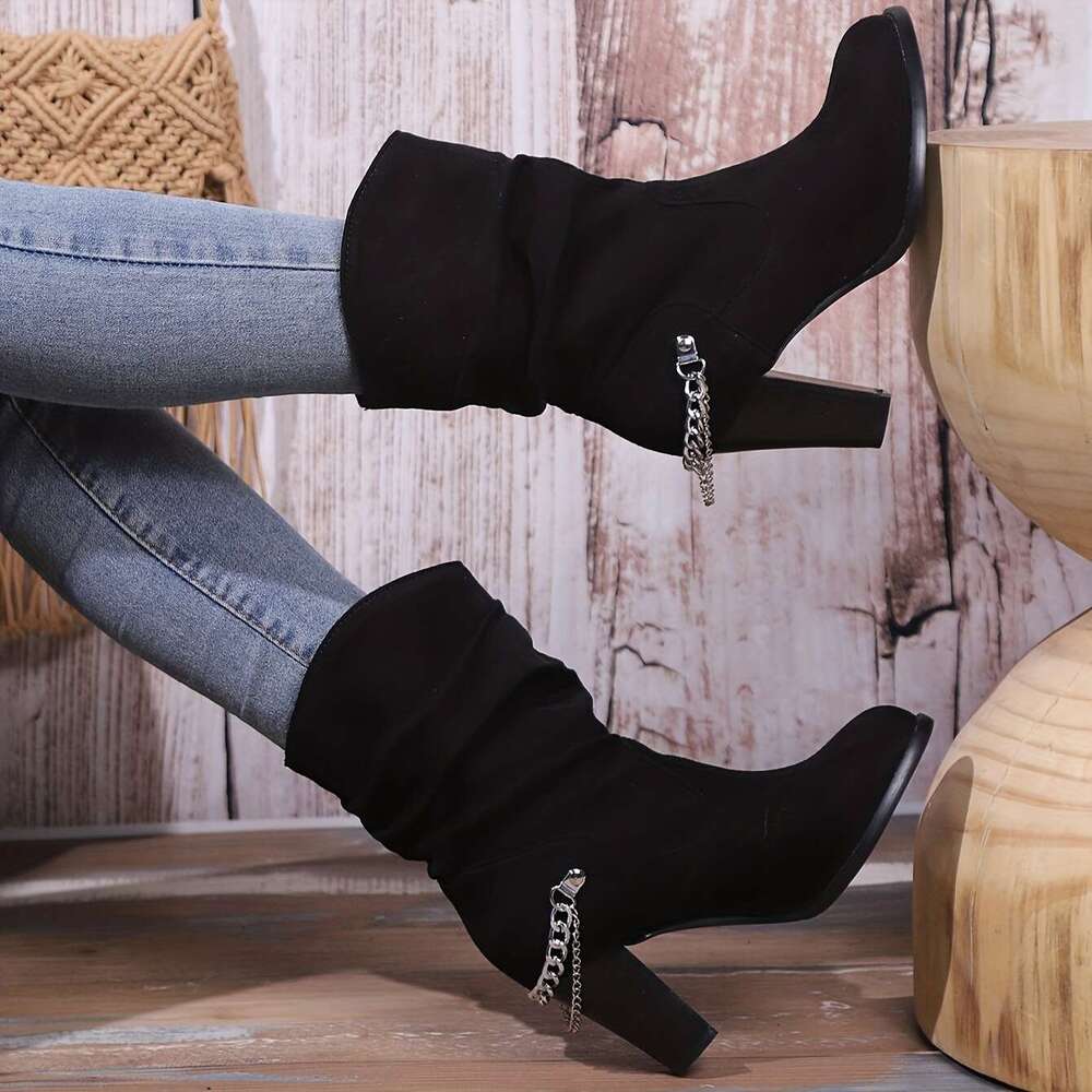 Women's Block Short Boots, Chain Decor Slouch Slip On Booties, Fashion Suedette High Heeled Booties