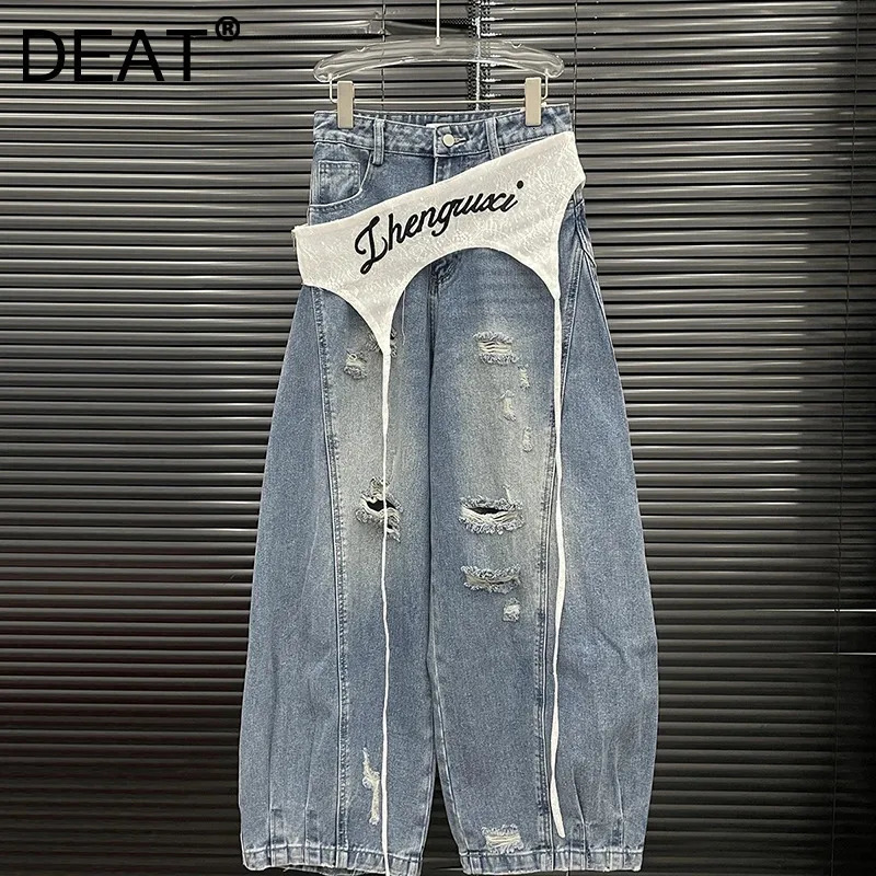 DEAT Vintage Fashion Womens Lace Waist Cover Jeans Niche High Waist Straight Wide Leg Denim Pants Female 11A04036 251029