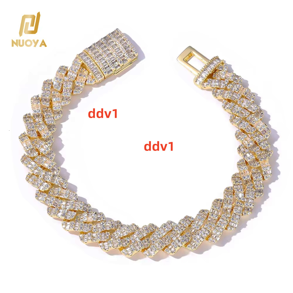 NUOYA 10mm Gold Plated Prong Cuban Link Chain Bracelet with Iced Out Baguette moissanite Diamond Hip Hop Punk Jewelry for Women and Men Designer'
