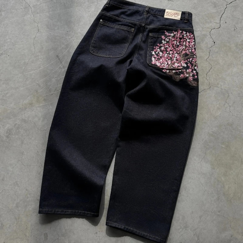 Y2K Baggy jeans Cherry Blossom Selvedge Embroidery Denim Pants men women denim fabric American Hiphop Streetwear Wide Leg Jeans 251029