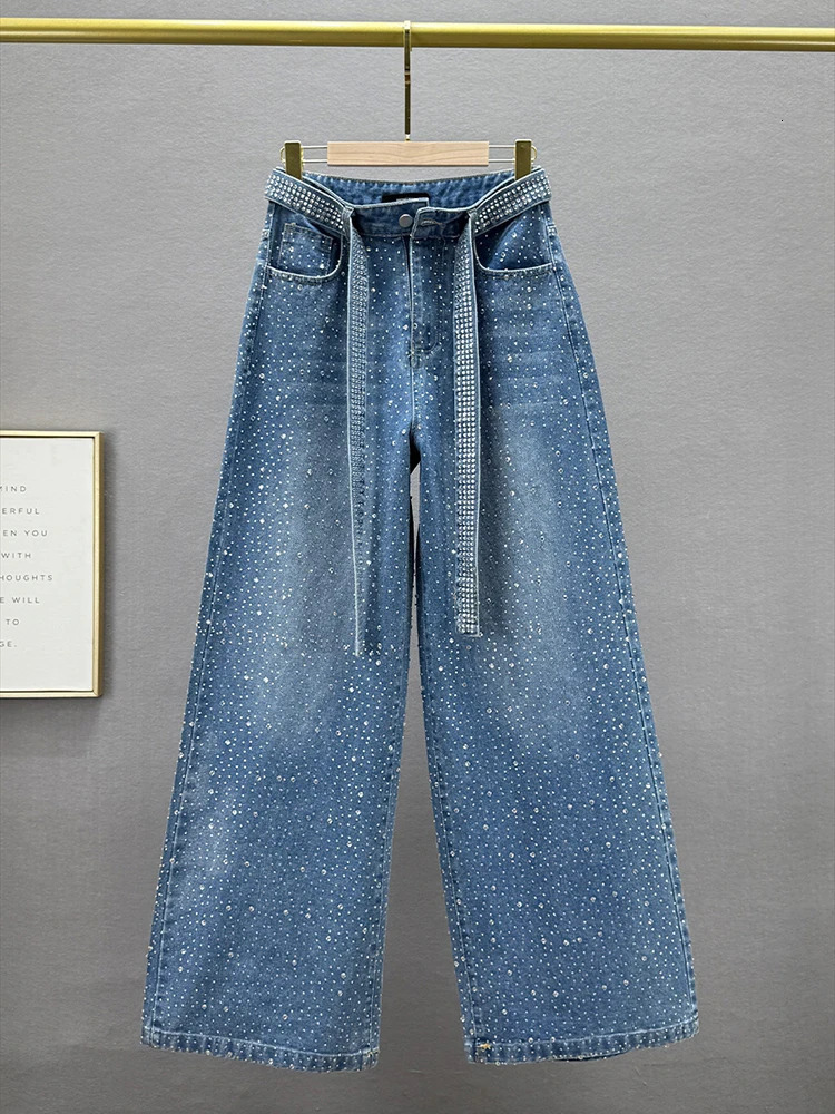 Vintage Fashion Womens Full Diamond Jeans High Waist With Belt Straight Wide Leg Denim Pant Female 2025 Autumn 251029