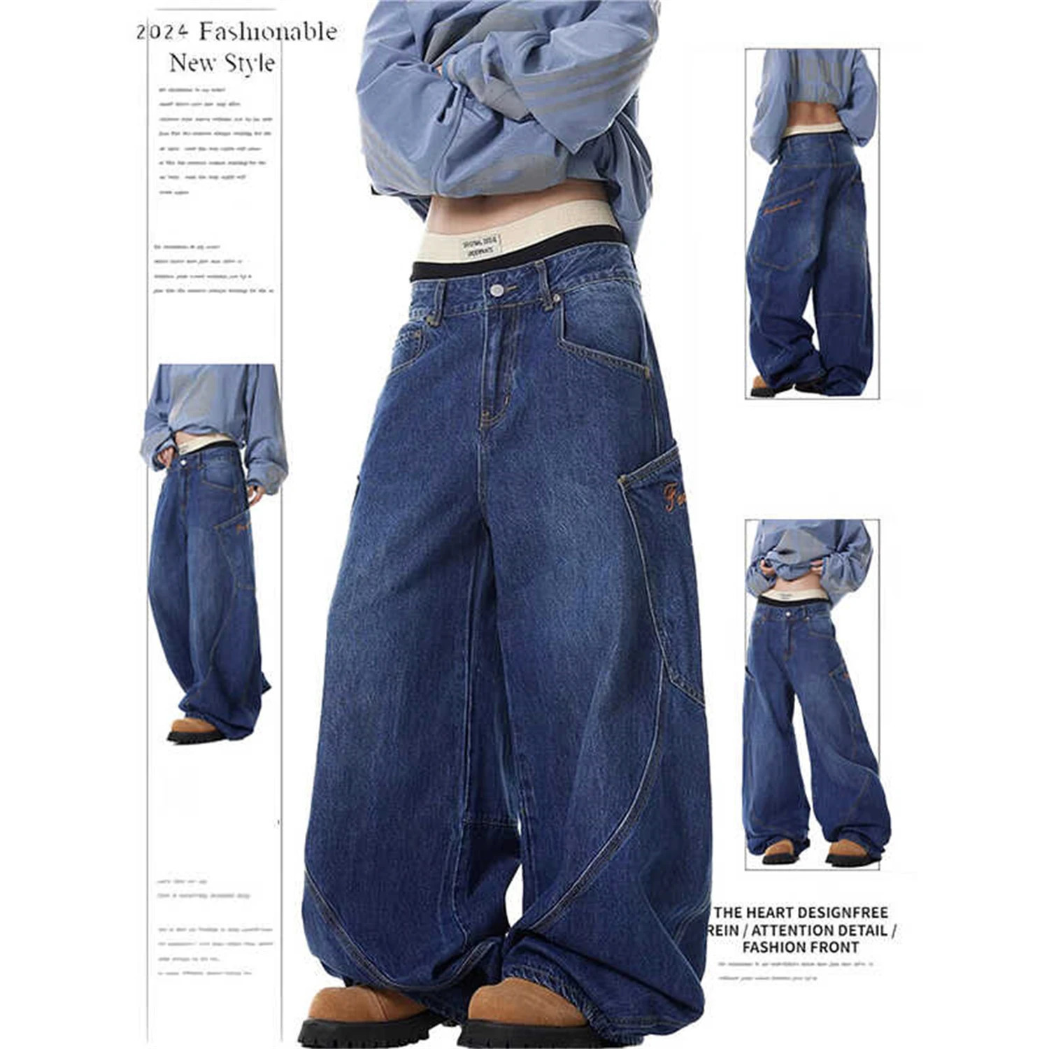 Y2K Womens Vintage Baggy Wide Leg Jeans High Waist Loose Denim Pants with Large Pockets Streetwear Trousers 251029