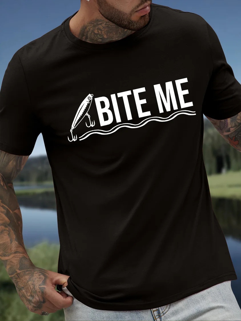 European & American Oversized Men's Funny Fishing Enthusiast Graphic Letter Print Cotton Casual Relaxed Fit T-Shirt - TT7302