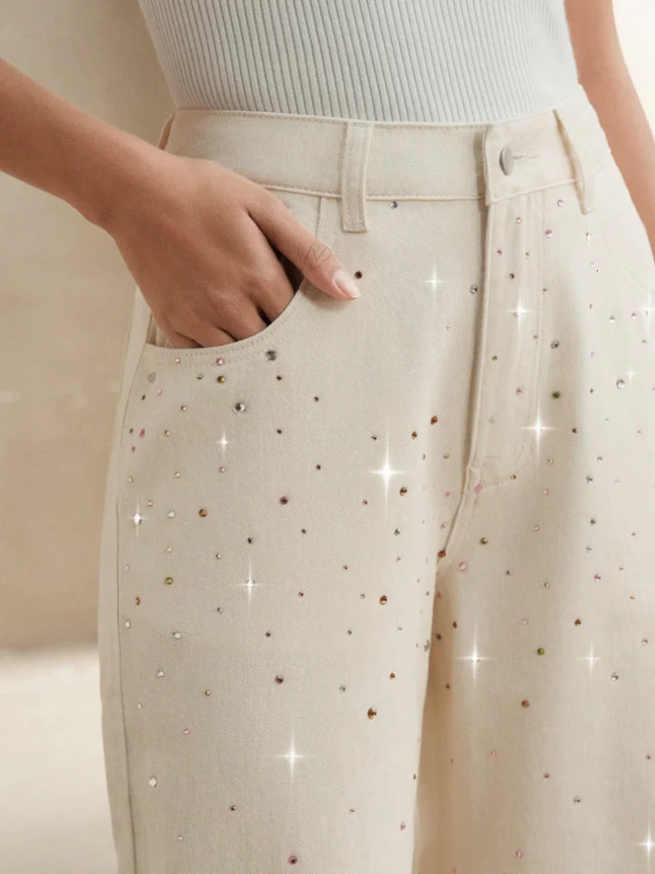 2025 autumn style white womens wideleg jeans with colorful diamond n loose fit slimming effect and good draping qua 251029