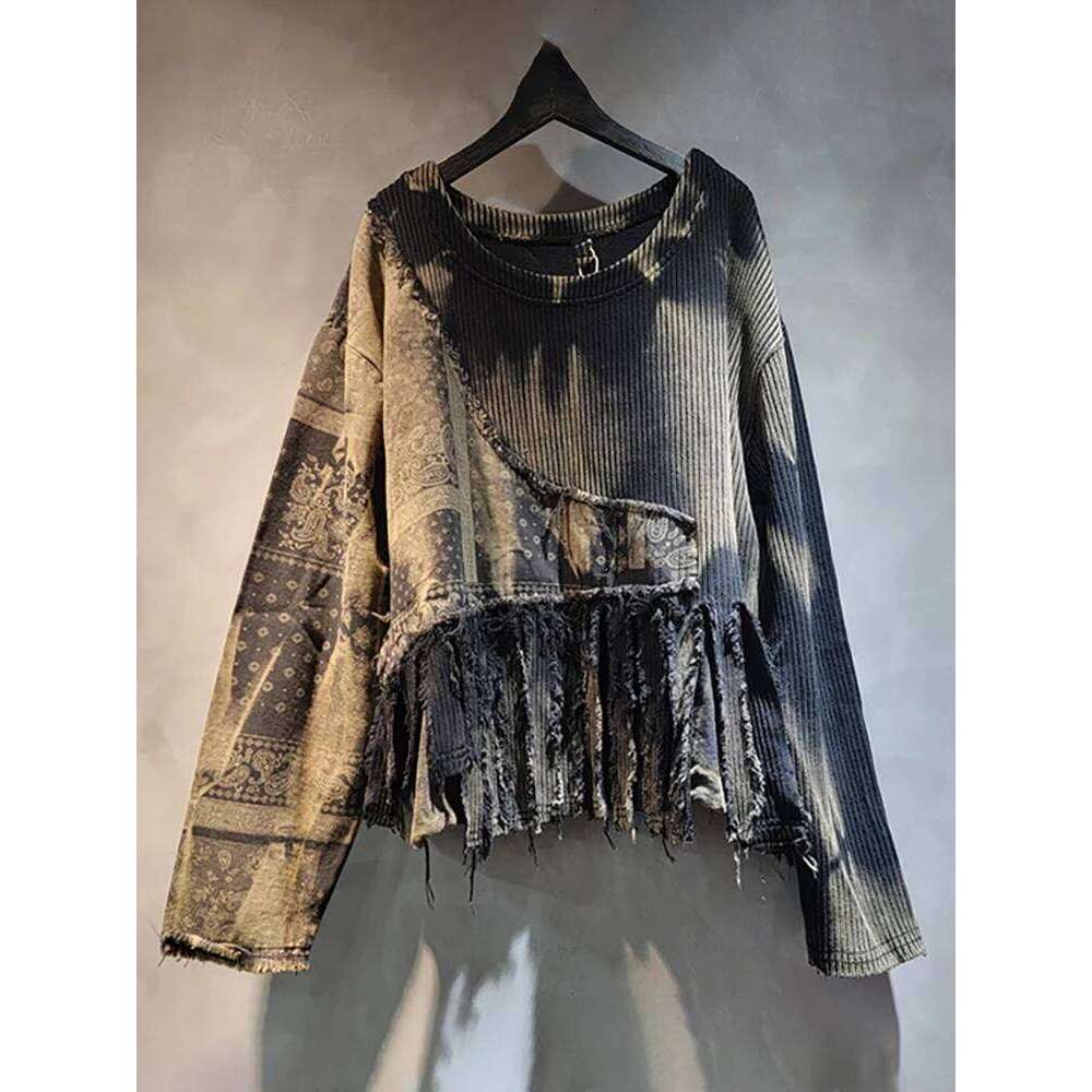 DEAT Women Pullover Knitted Distressed Tie-Dye Printed Black Vintage Tassel Long Sleeve Sweater Summer 2025 New Fashion 11A0969