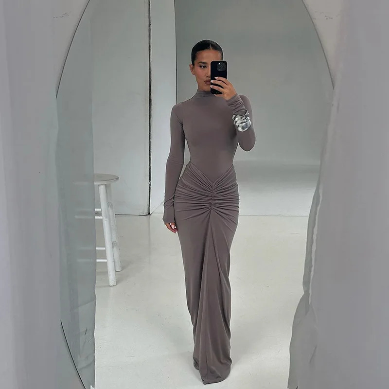 Hipster Ruched Dress Women oNeckFull Sleeve Skinny Stretch Robe Autumn Trend Simple Classic Pleats Long Bodycon 251027