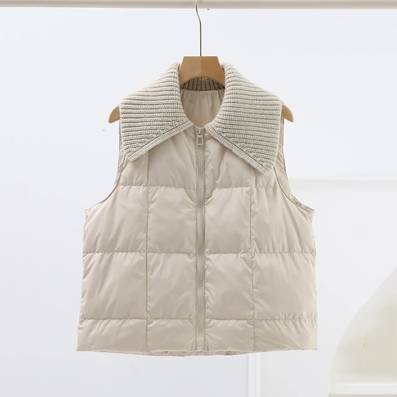 Autumn Winter Knitted Spliced Lapel Down Vest Women White Duck Down Zipper Loose Vests Female Sleeveless Quilted Waistcoat Coat 251024