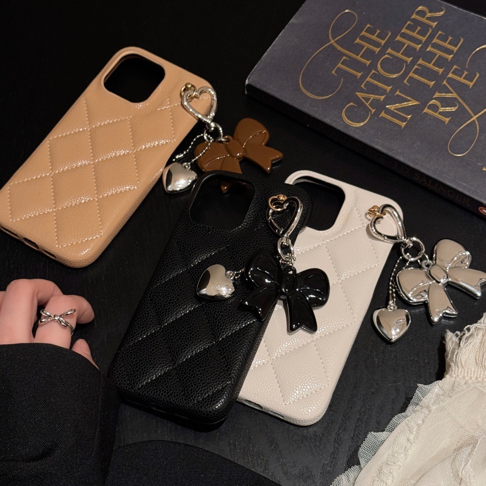 Bowknot Heart Pendant Solid Color Quilted Pattern Phone Case Compatible with iPhone 17/16 Pro 15 Simple