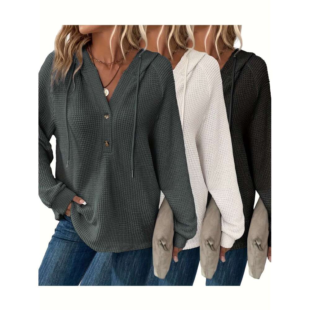 Three Piece Women S Fashion Hooded Shirt Casual Button Up Drawstring Long Sleeve Top Set For Spring Summer