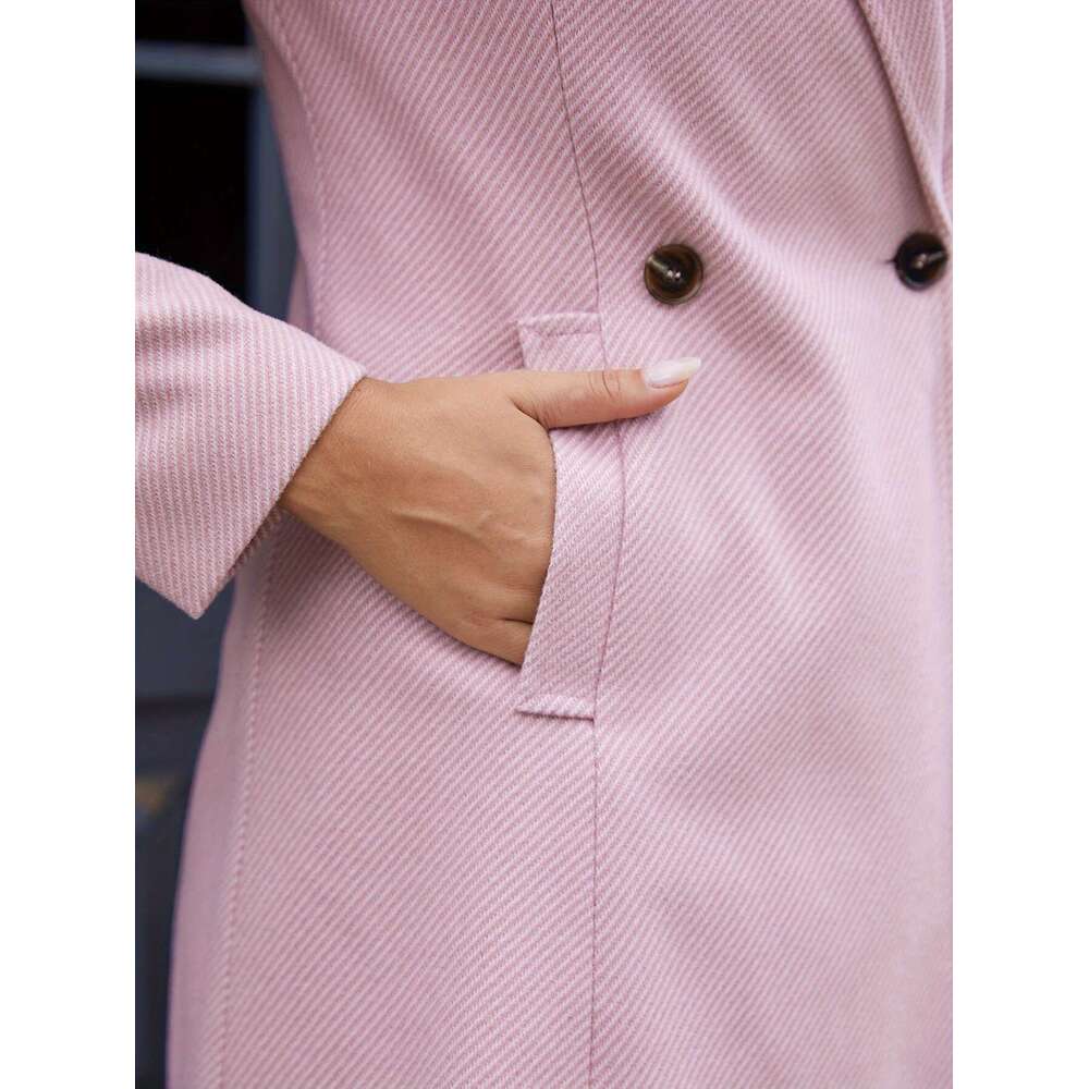 Pink Women S Elegant Double Breasted Long Coat With Pockets Stylish Fall Winter For Casual Or Wear Office Wear Textured Fabric Jacket Structured Desig