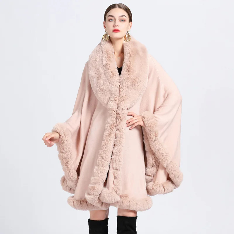 Europe America Otter Rabbit Fur Collar Hooded Cashmere Loose Ponchos Women Capes Khaki Cloak 251029