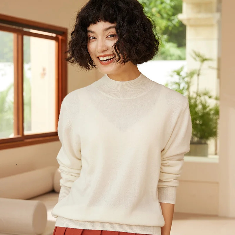 2025 AutumnWinter Womens Sweater 100 Cashmere Half High Neck Knitted Hoodie Solid Color Casual Top 251016