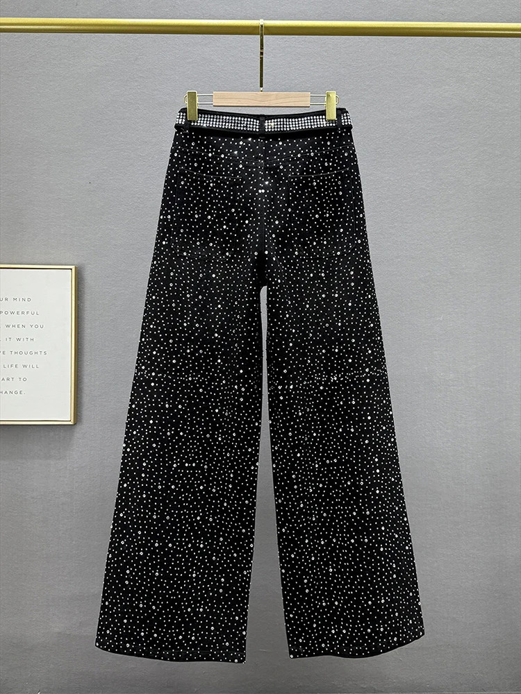 Vintage Fashion Womens Full Diamond Jeans High Waist With Belt Straight Wide Leg Denim Pant Female 2025 Autumn 251029