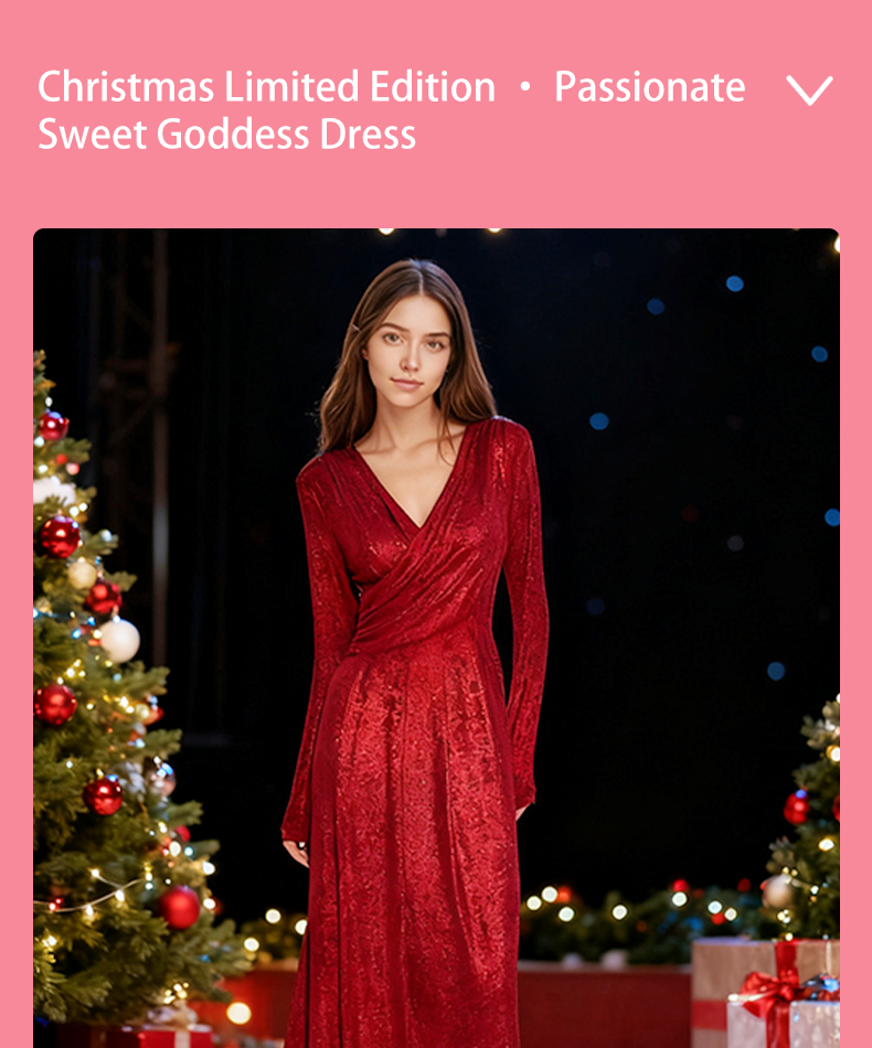 Prom Dresses Women's Christmas Limited Edition Red Sequin Maxi Dress - Long Sleeve Wrap V-Neck Glitter Gown for Evening Party & Festive Occasions