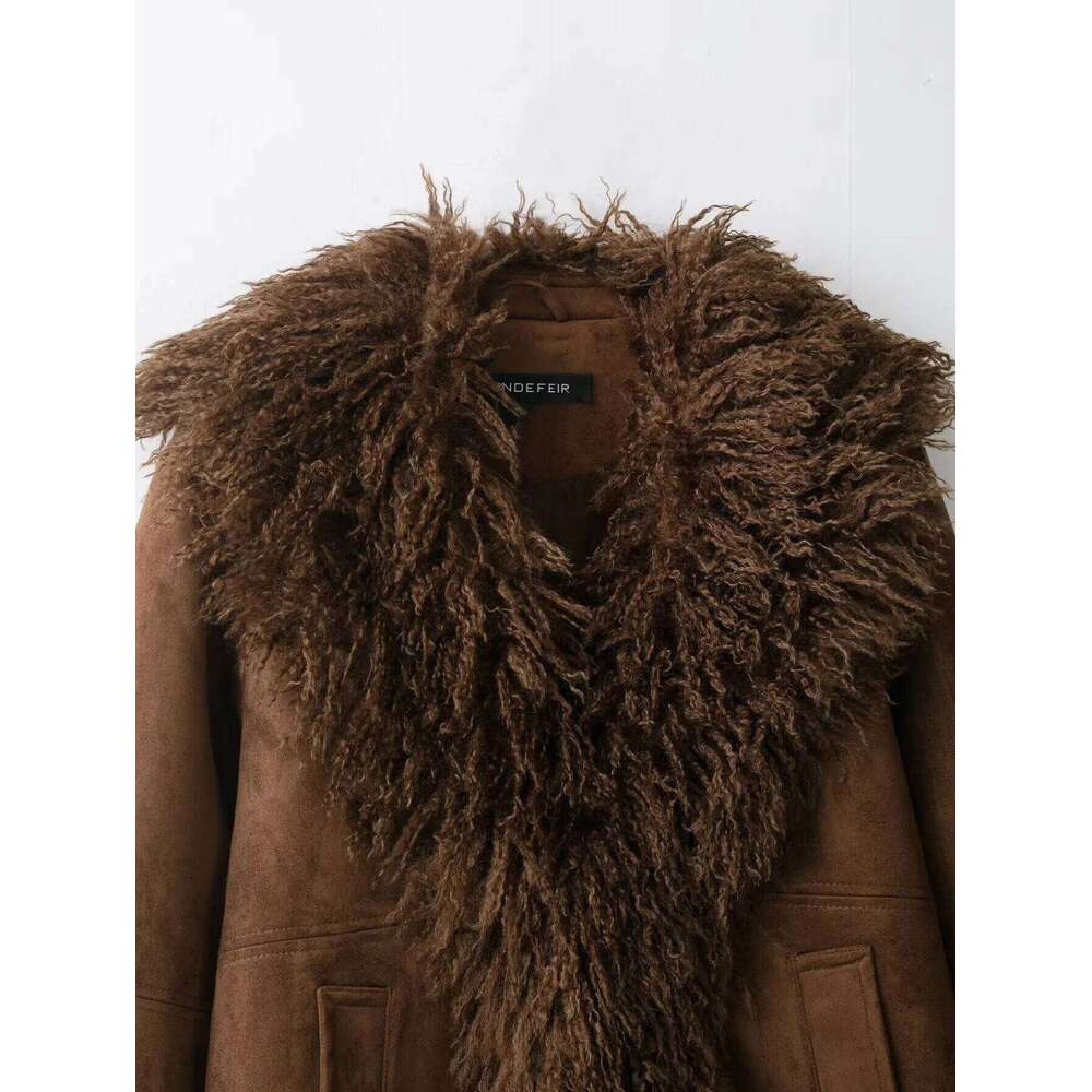 Autumn New Product Women's Wear Melad Brown Double Sided Artificial Fur Effect Jacket Coat