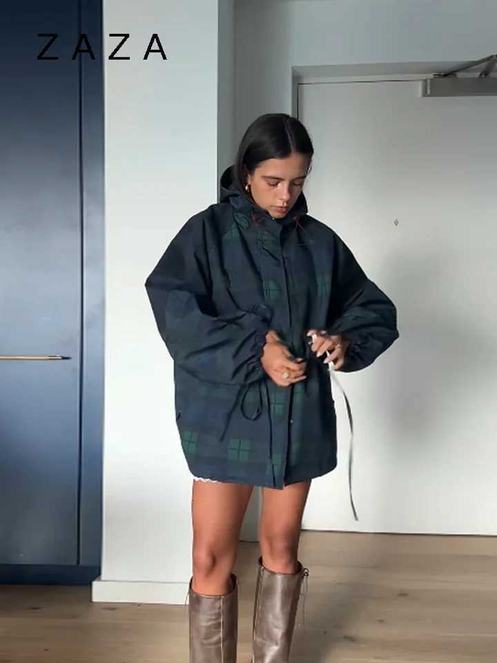 Women Vintage Grid Loose Jacket Oversize Loose Stand Collar Coat Long Sleeve Hoodie Lace Up Outwears 2025 New Lady Streetwears H25103022