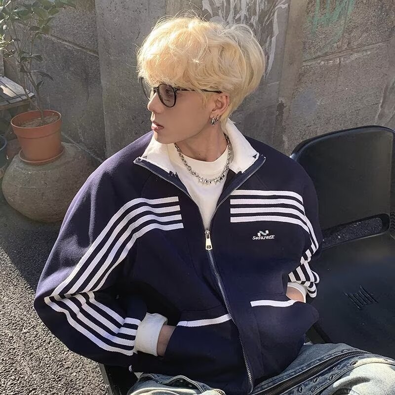 2025 Spring And Autumn New Striped Designer Coat Color Block Stand Collar Double Layer Casual Jacket College Style High-end Baseball Jacket