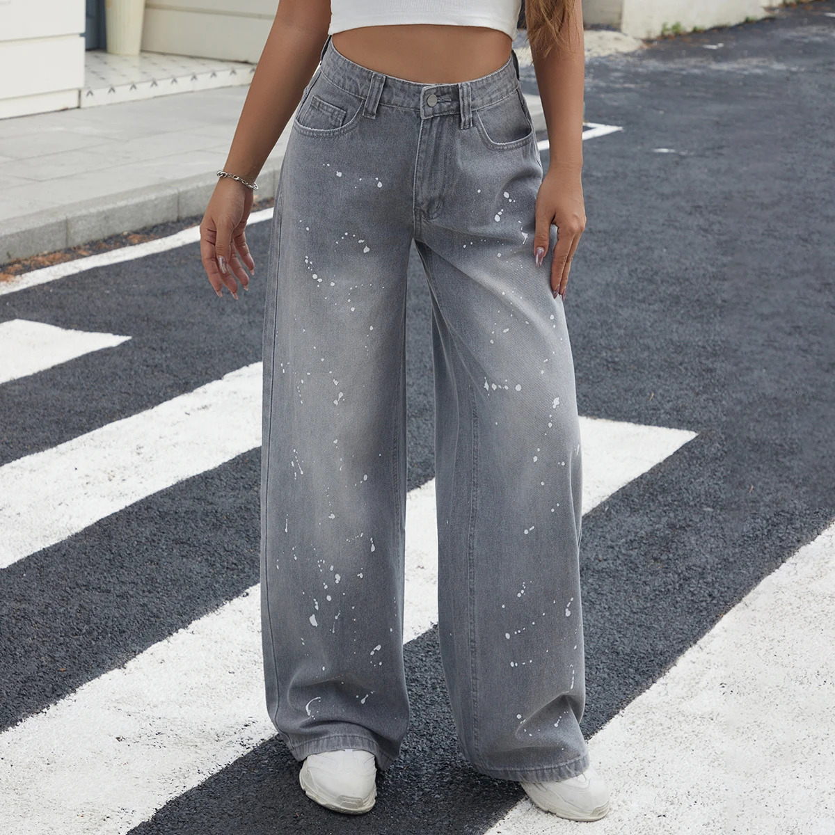 25Aw Street Retro Gray Washed Trendy Personalized Trendy Splatter Ink Womens Jeans 251029
