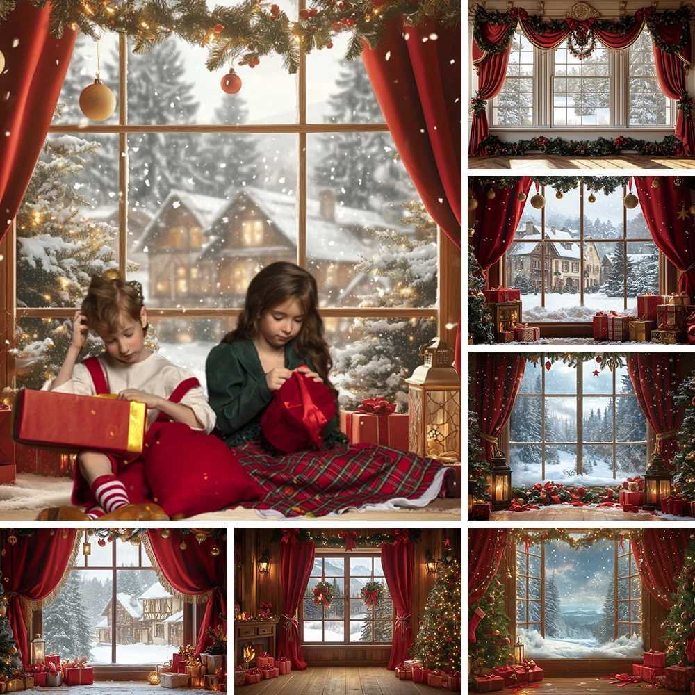 2025 Christmas Backdrop Snowy Window Winter Xmas Tree Gifts Baby Photography Background New Year Christmas Family Party Decor C251030