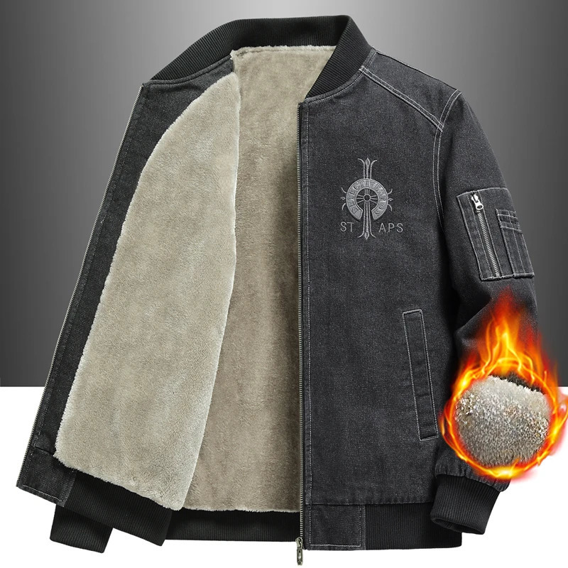 Retro Men Cargo Denim Jacket Autumn Winter Embroidered Plus Velvet Fashion Casual Male Coat Warm Trend Versatile Top Clothes 251023