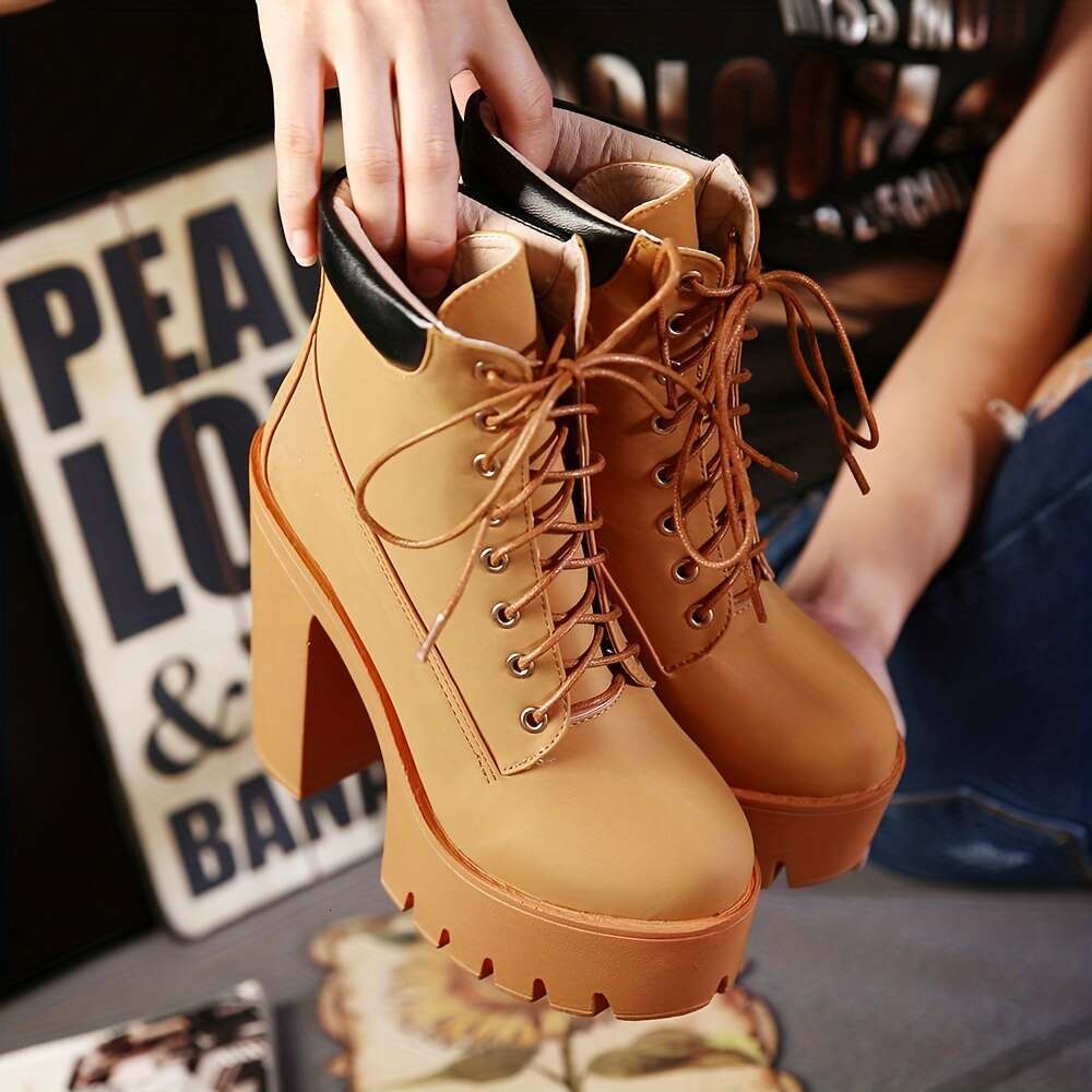 Women's Chunky Heeled Short Boots, Round Toe Lace Up High Heels, Solid Color Platform Shoes