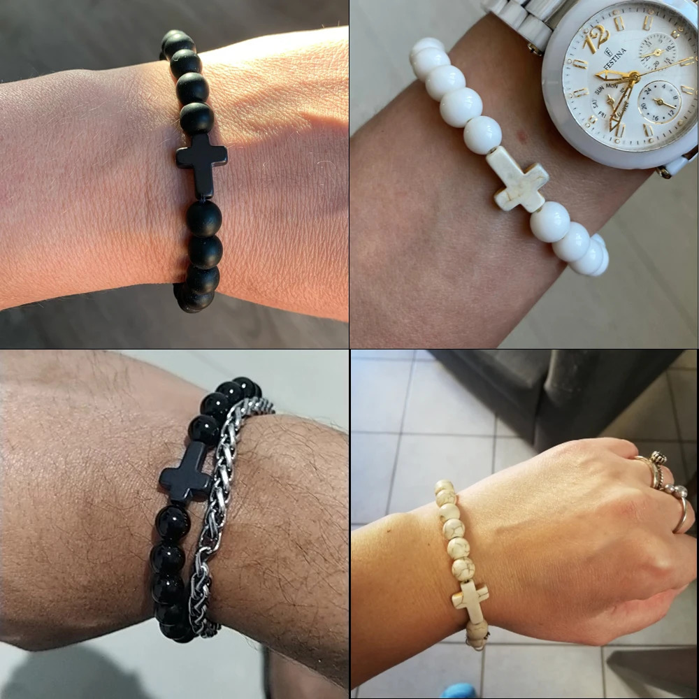 Fashion Jesus Cross Natural Stone Bracelets Charm Blue Pine Stone Black Lava Matte Beaded Bracelets Bangles Women Yoga Jewelry 251028