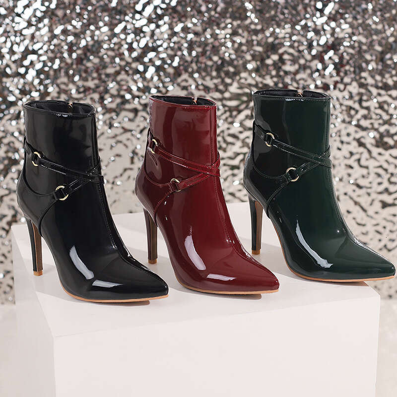 Women's Bury Red Pointed Toe Stiletto Ankle With Belt Buckle & Side Zipper Thick Platform-Like Heel Hidden Lift, PU Glossy Winter Boots For Parti