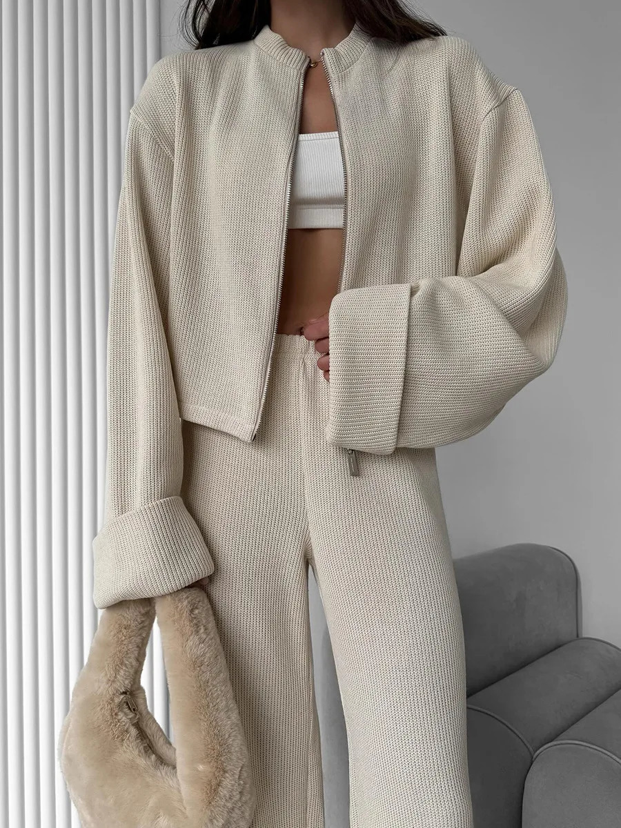 JHJN 2Piece Set Knitted Set Long Sleeved Cardigan Wideleg Pants Autumn And Winter Zipper Jacket Long Pants Casual Suit 251029