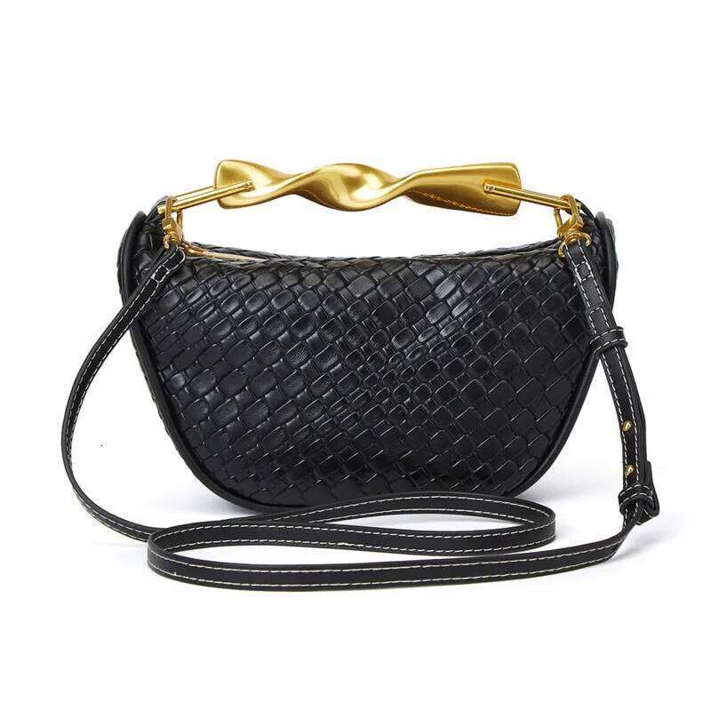 Stylish Gold Metal Handle Woven Handbag Women's 2025 New Brand Straw Pu Leather Material Chain Shoulder Crossbody Bag